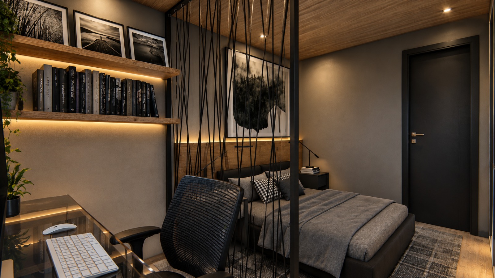 Suite Home — quarto e espaço de trabalho com iluminação interna