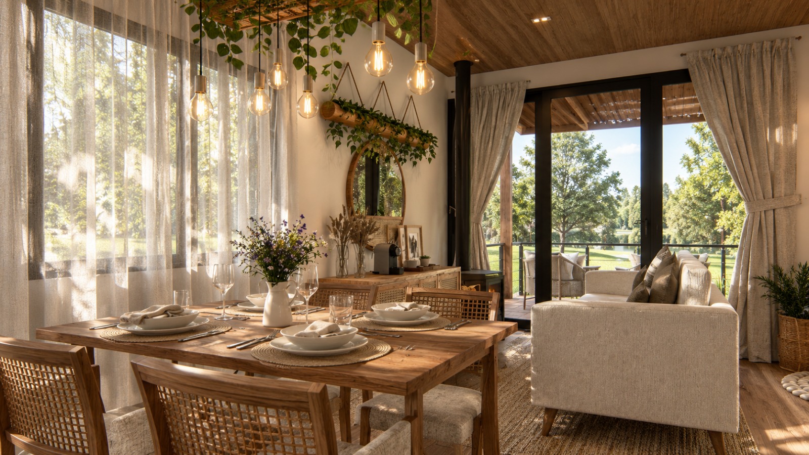 Cabana Quintal do Céu — sala de jantar com mesa de madeira posta para quatro pessoas, cadeiras de palhinha e luminária suspensa junto às portas de vidro