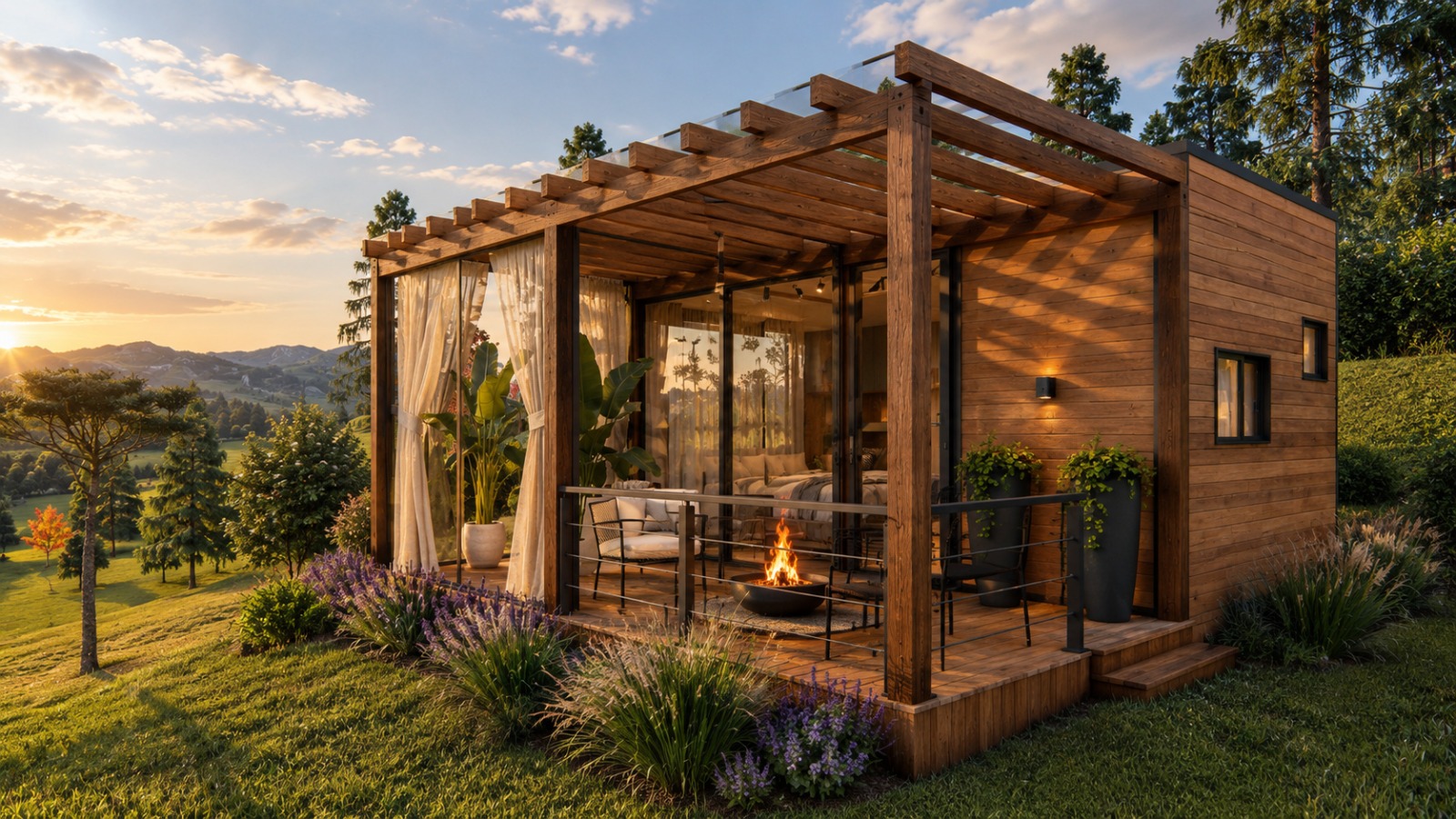 Cabana Bosque — vista externa com pérgola de madeira, deque e fogueira ao pôr do sol