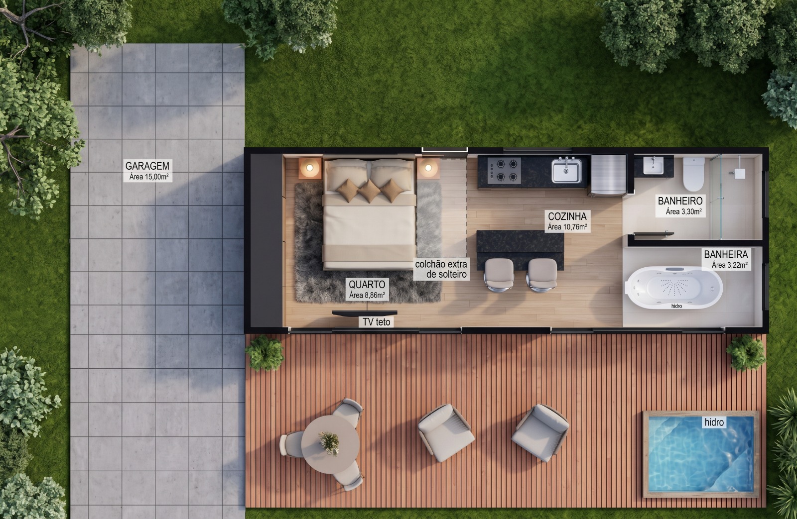 Cabana Luar da Serra — planta baixa humanizada com garagem, quarto, cozinha, banheiro, banheira e deck com hidromassagem