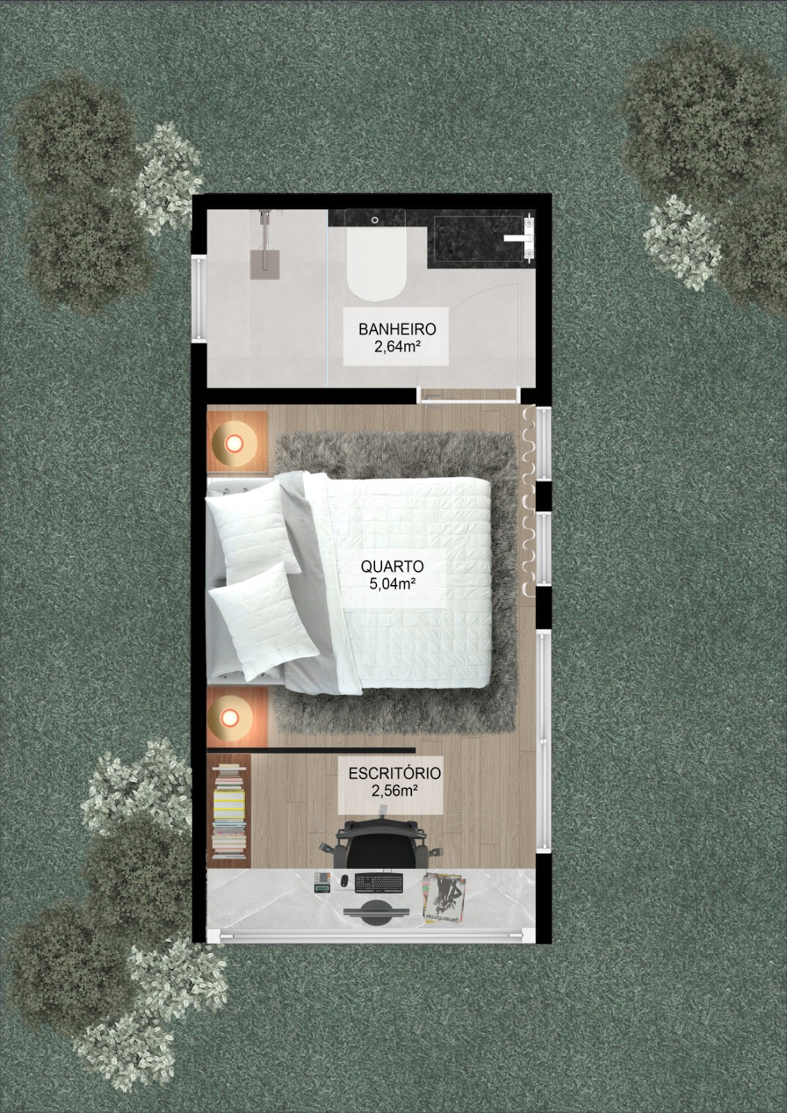 Cabana Paraiso — planta ilustrativa com banheiro, quarto e escritório