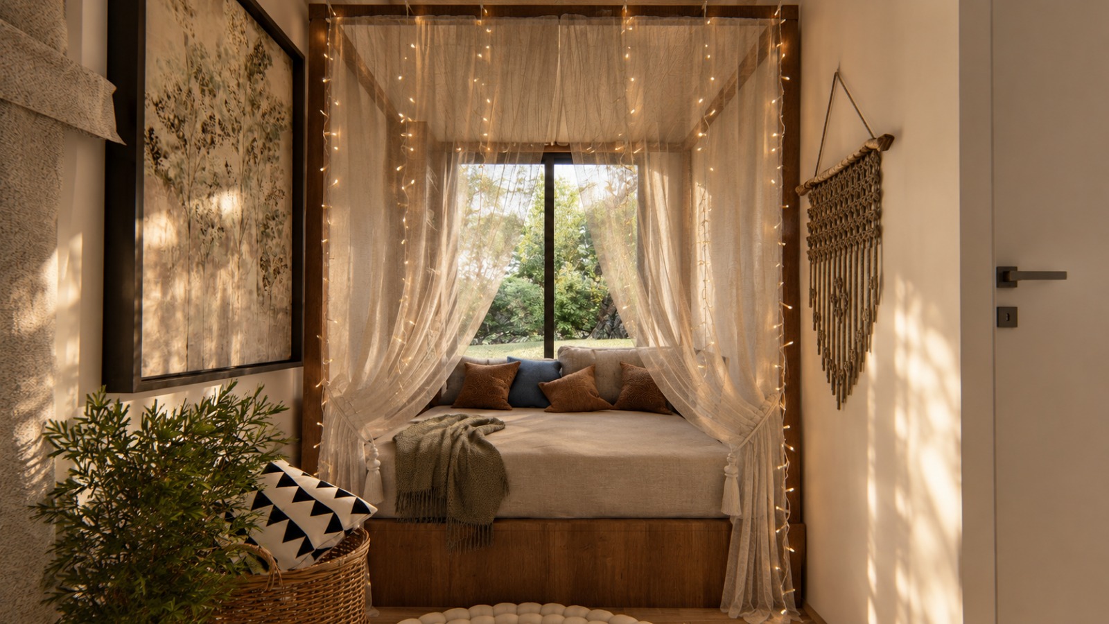 Cabana Quintal do Céu — mini biblioteca com banco sob dossel de madeira, cortinas leves e luzes decorativas