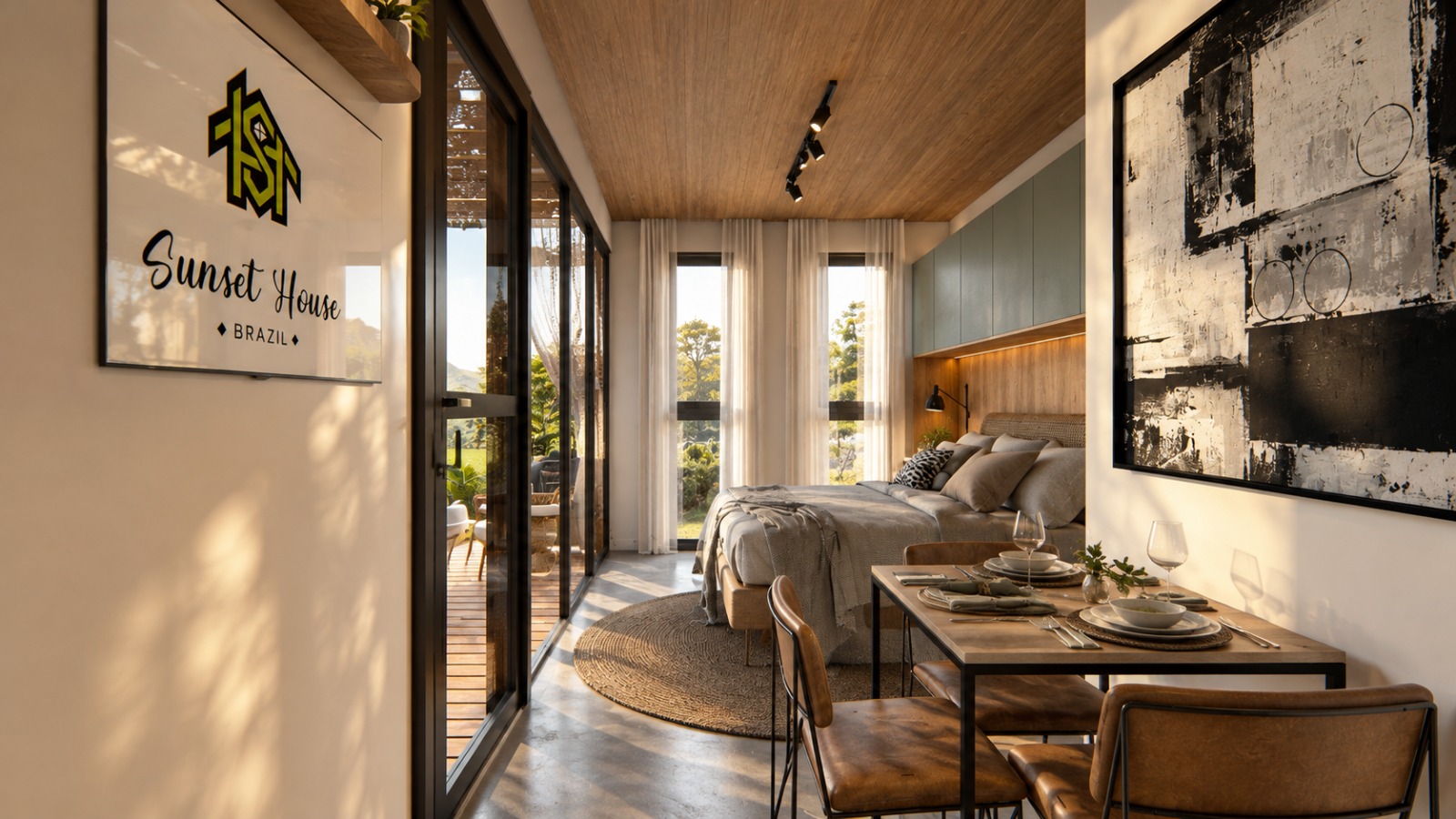 Cabana Bosque — sala integrada com mesa de jantar e vista para o deque