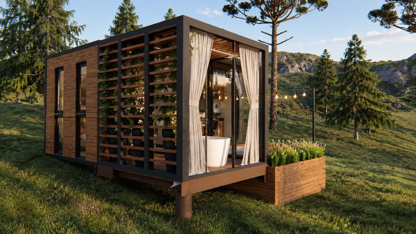 Cabana Lua — vista externa com ripas de madeira, vasos e deck elevado
