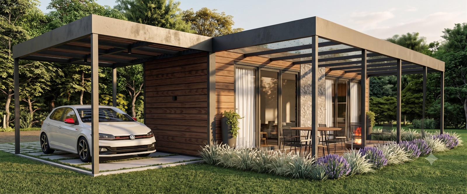Cabana Luar da Serra — vista angular da casa com garagem coberta, deck com braseiro aceso e iluminação de fim de tarde