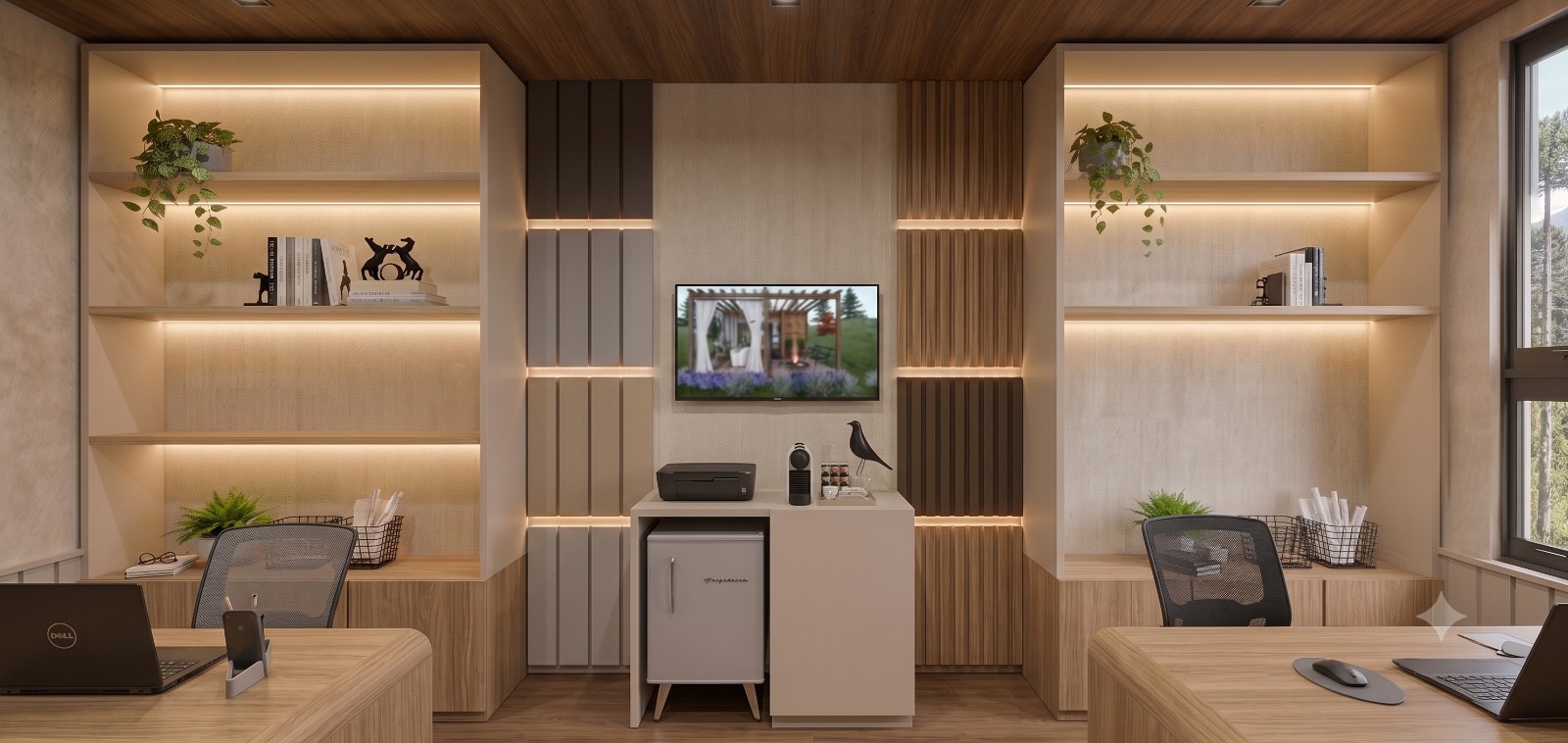 Módulo Escritório — interior com duas estações de trabalho frente a frente, estantes embutidas, frigobar, impressora e painel ripado com iluminação quente