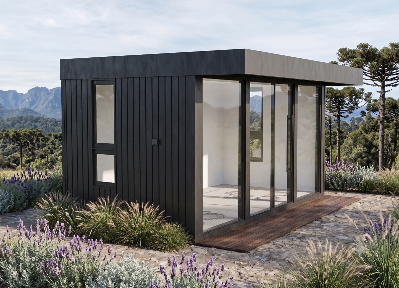 Módulo Escritório — fachada em ripas escuras com janela basculante, porta de vidro de correr, deck de madeira e jardim com lavandas