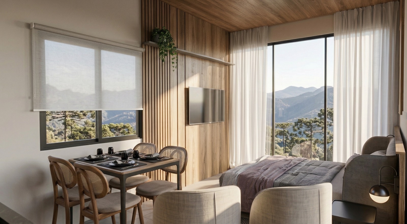 Cabana Sunset — interior integrado com mesa de refeições, painel ripado com TV e cama de casal