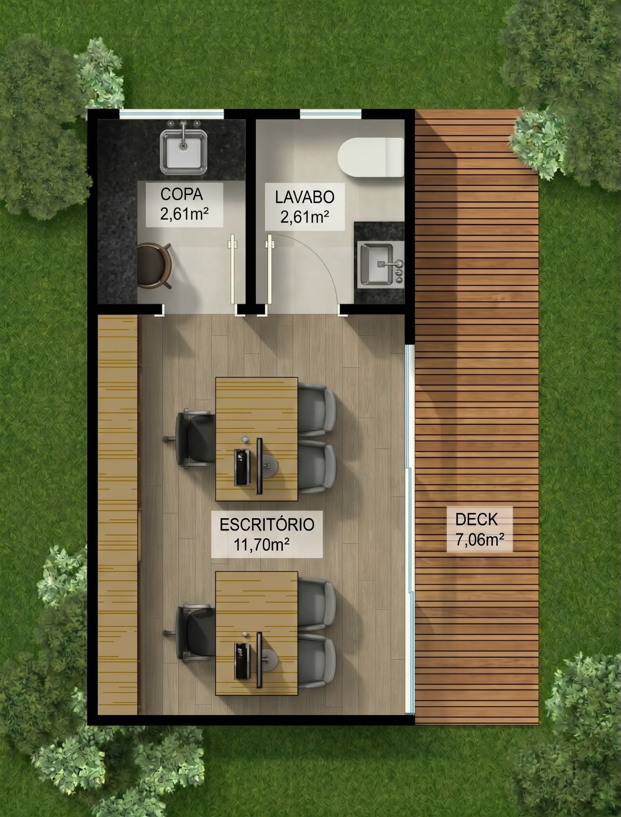 Módulo Escritório — planta baixa humanizada com copa de 2,61m², lavabo de 2,61m², escritório com duas estações de 11,70m² e deck de 7,06m²