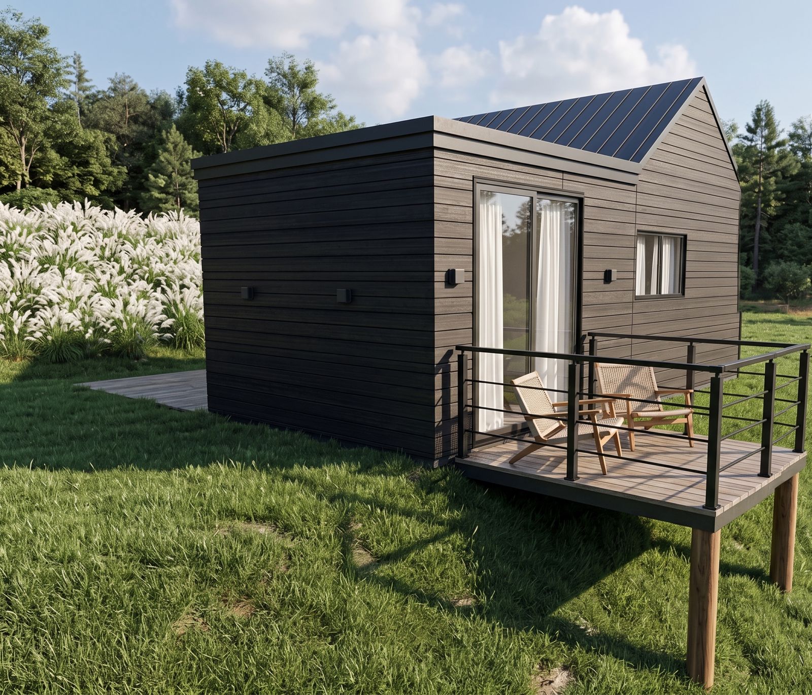Cabana dos Lagos — deck elevado com poltronas e vista para o jardim