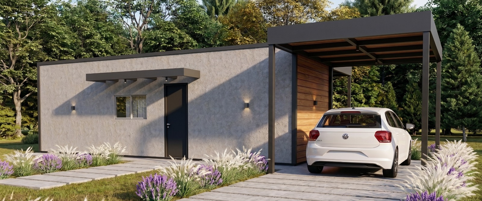 Cabana Luar da Serra — fachada lateral com porta de entrada preta, garagem coberta e jardim com caminho de pedras