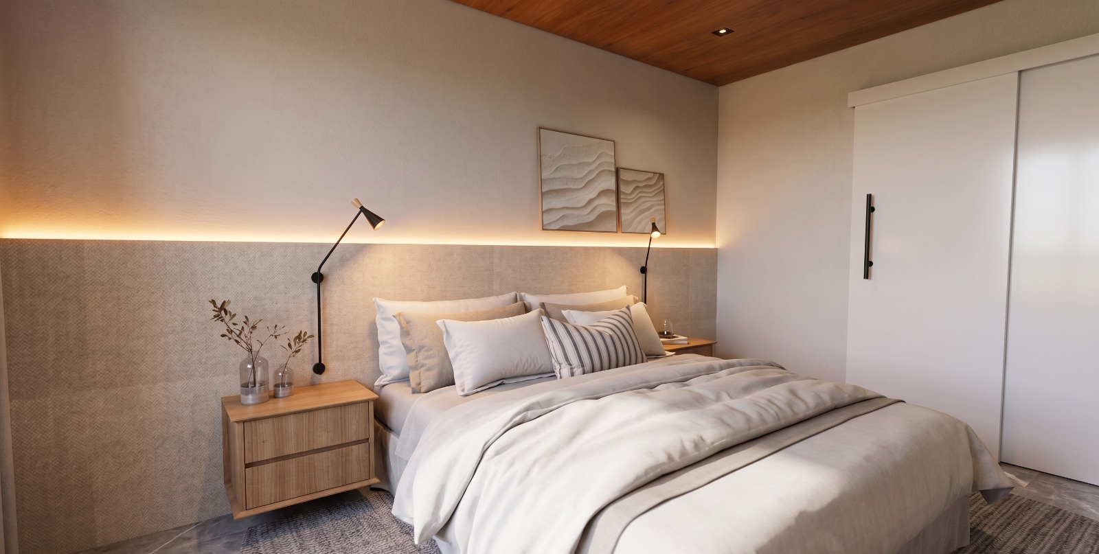 Cabana Refúgio — quarto com cama de casal, luminárias de parede e closet