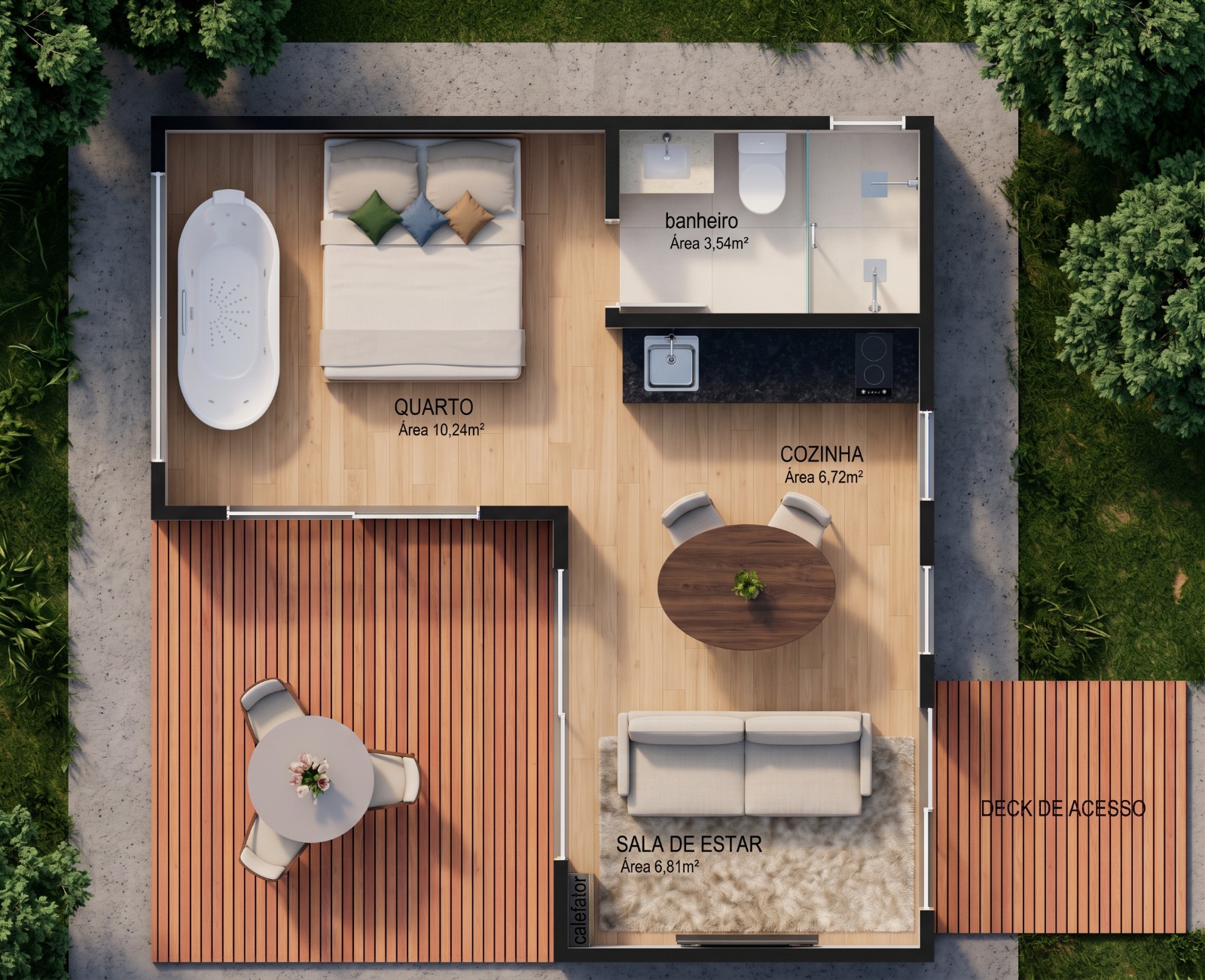 Cabana dos Lagos — planta baixa com quarto, banheiro, cozinha, sala de estar e deck de acesso