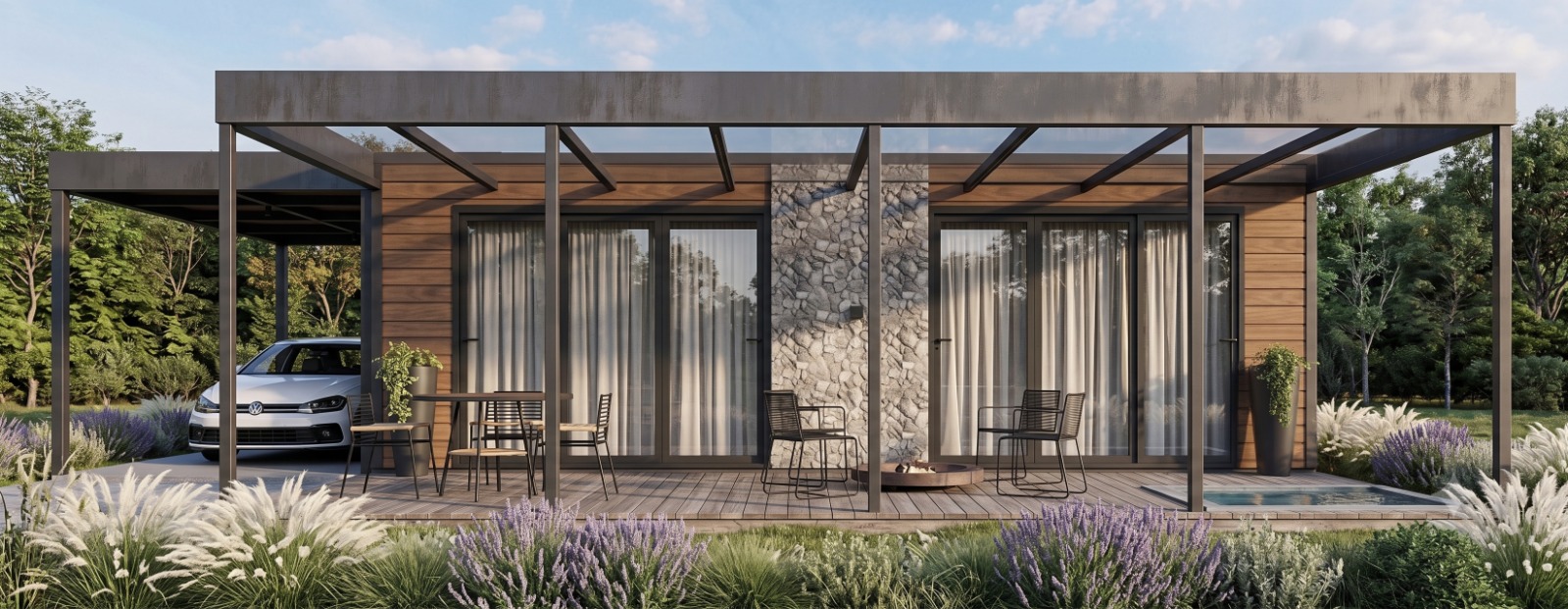 Cabana Luar da Serra — fachada frontal com portas de correr envidraçadas, painel de pedra, pergolado e deck com hidromassagem