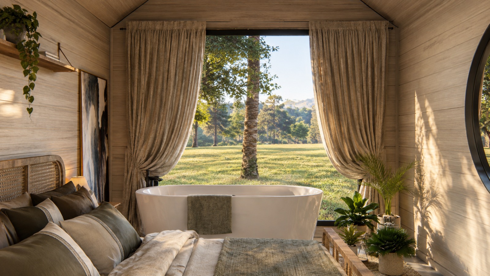 Cabana Sossego — banheira junto à janela com vista para o campo