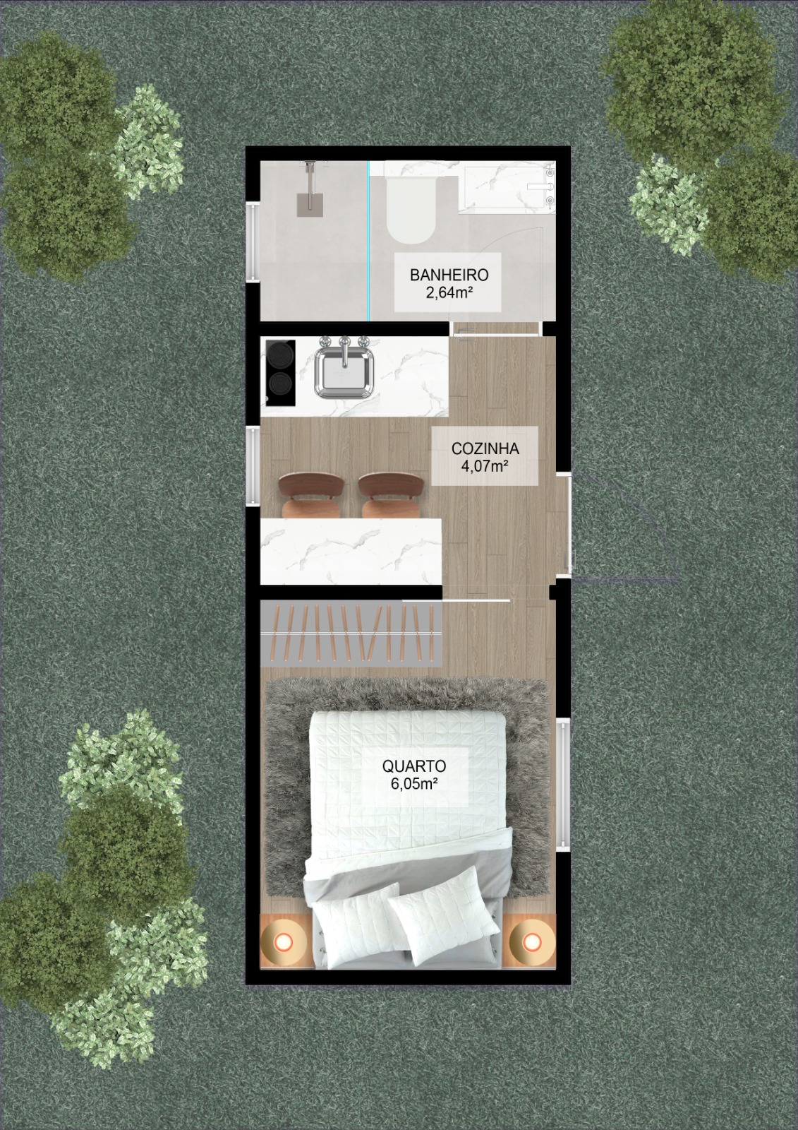 Suite Home — planta dos ambientes: banheiro, cozinha e quarto