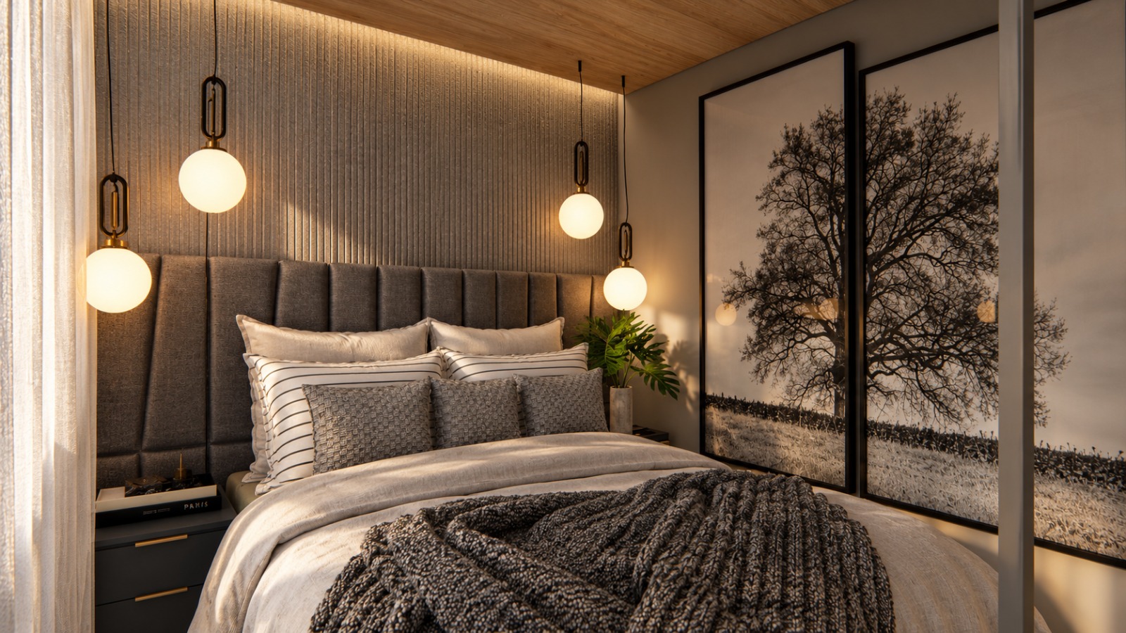 Loft — quarto com cabeceira estofada e painel ripado