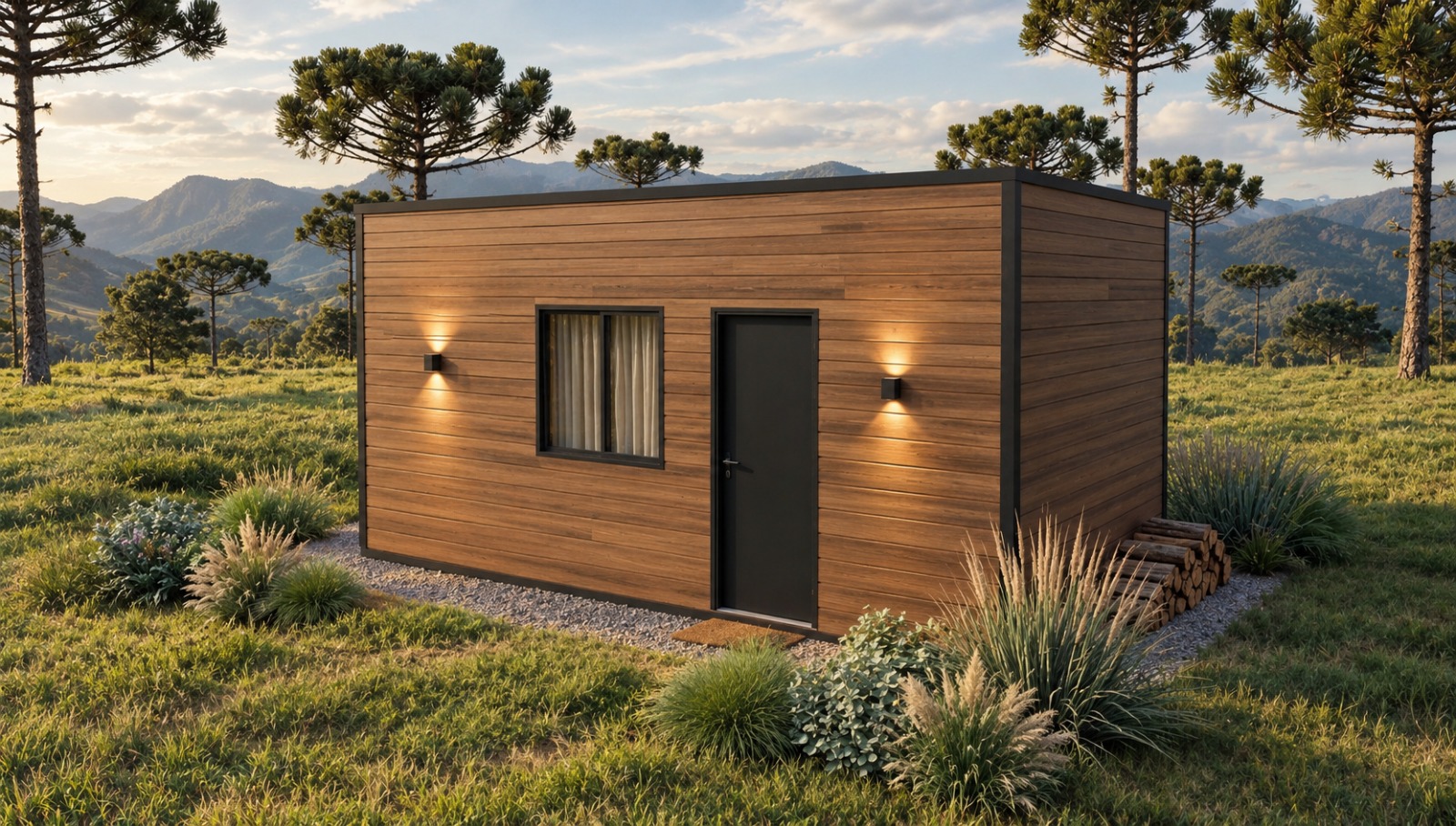 Cabana Sunset — vista lateral com porta preta, janelas e pilha de lenha em campo aberto com araucárias