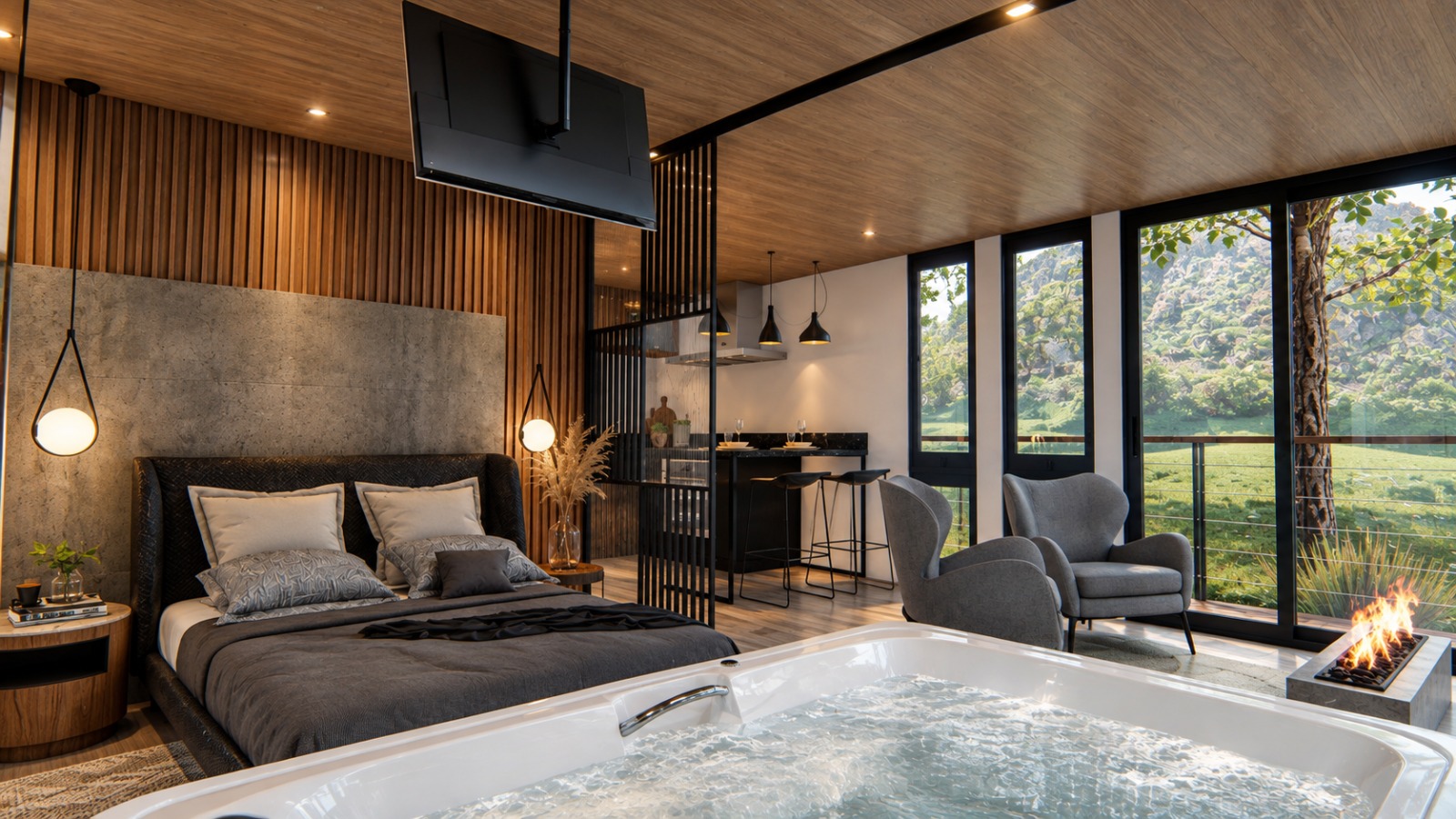 Cabana Sol — quarto, sala e banheira