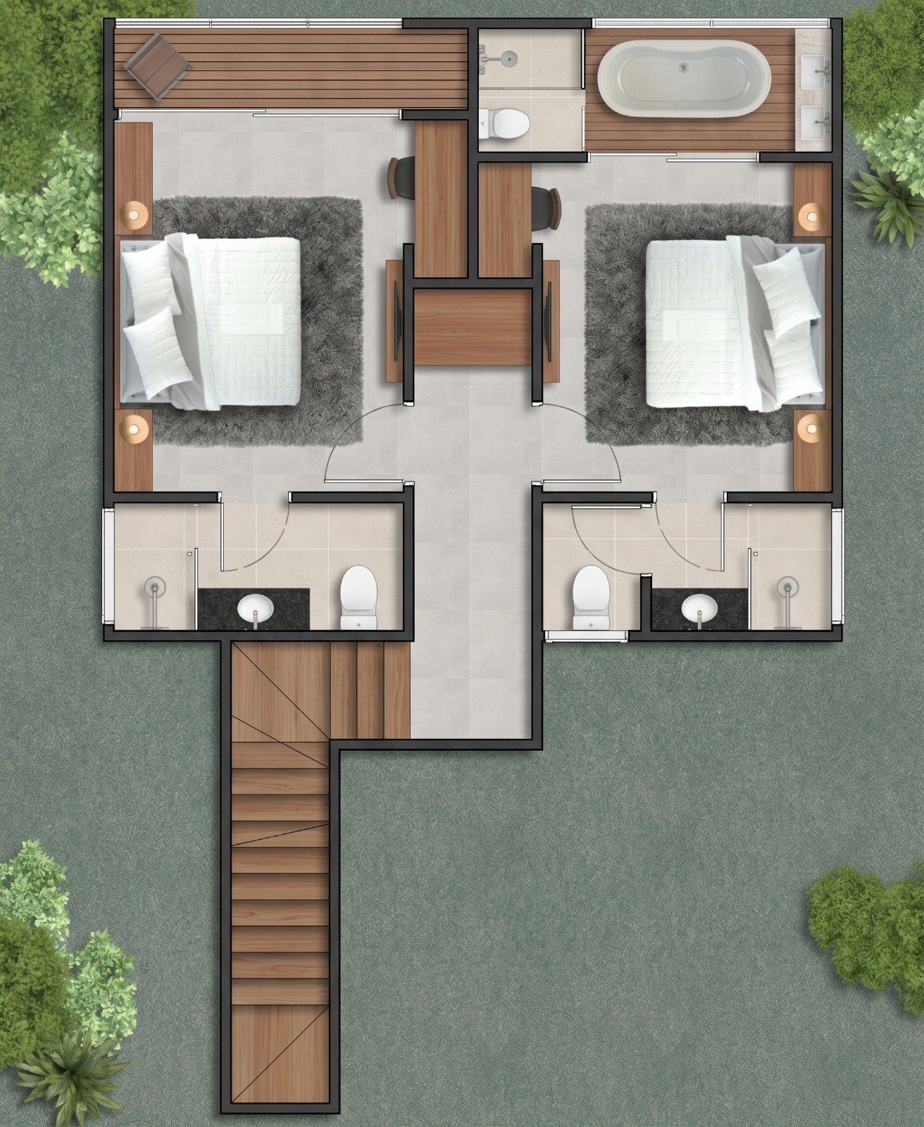 Cabana Refúgio — planta do pavimento superior com duas suítes e terraço com hidromassagem