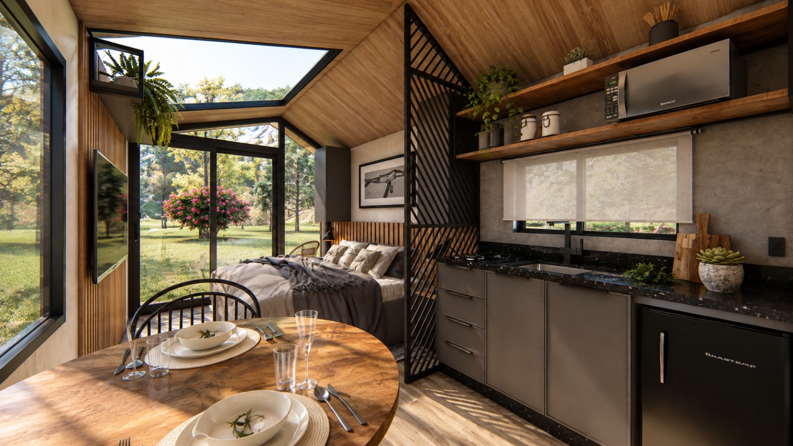 Cabana Paraiso — cozinha e espaço de refeições integrados ao quarto