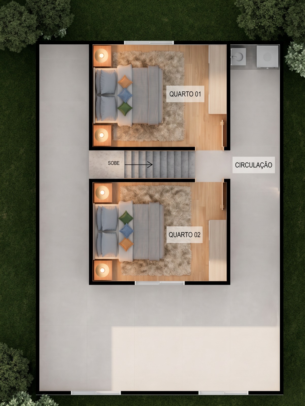 Celeiro — planta baixa do pavimento superior com dois quartos, escada central e circulação
