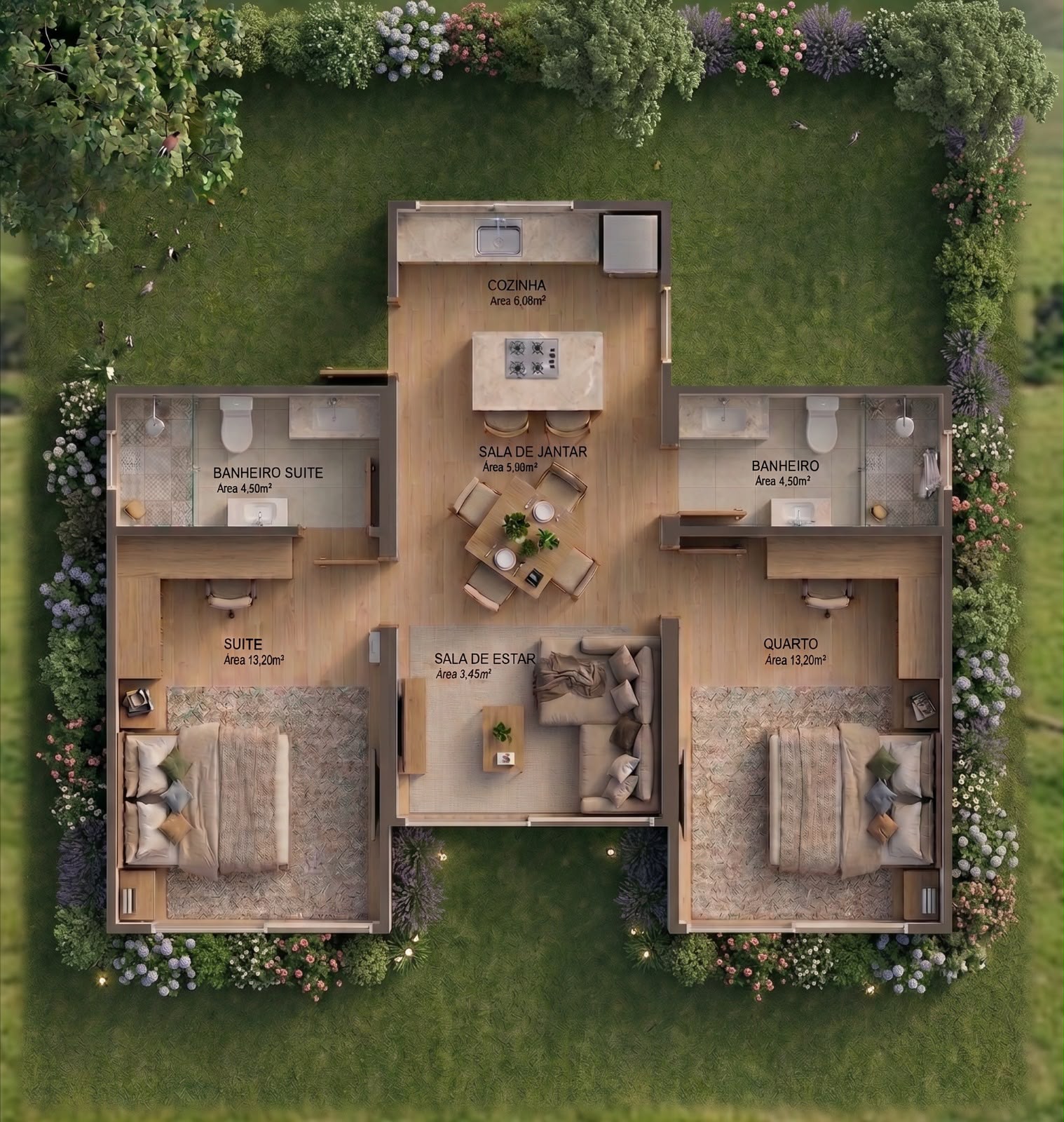 Cabana Altos da Montanha — planta baixa humanizada com cozinha, sala de jantar, sala de estar, suíte, quarto e dois banheiros