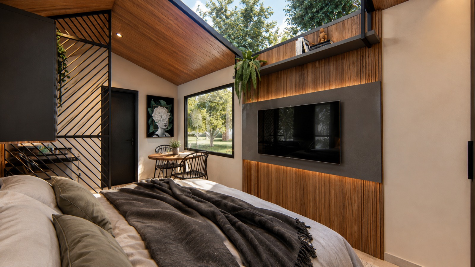 Cabana Paraiso — quarto com painel de televisão e vista para o jardim