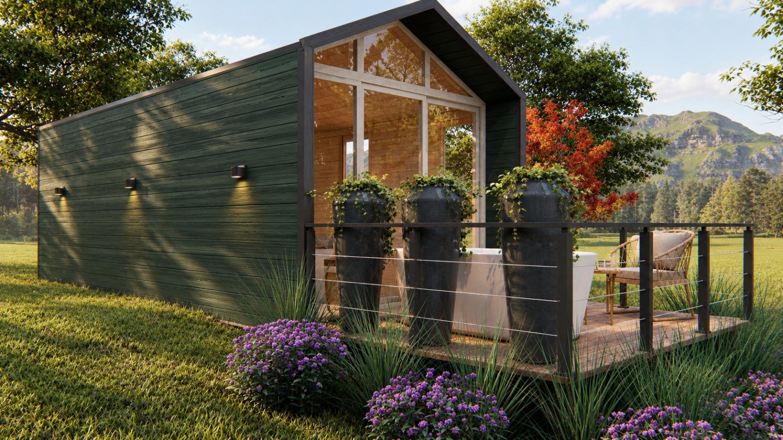 Cabana Floresta — vista lateral com revestimento verde e vasos no deck