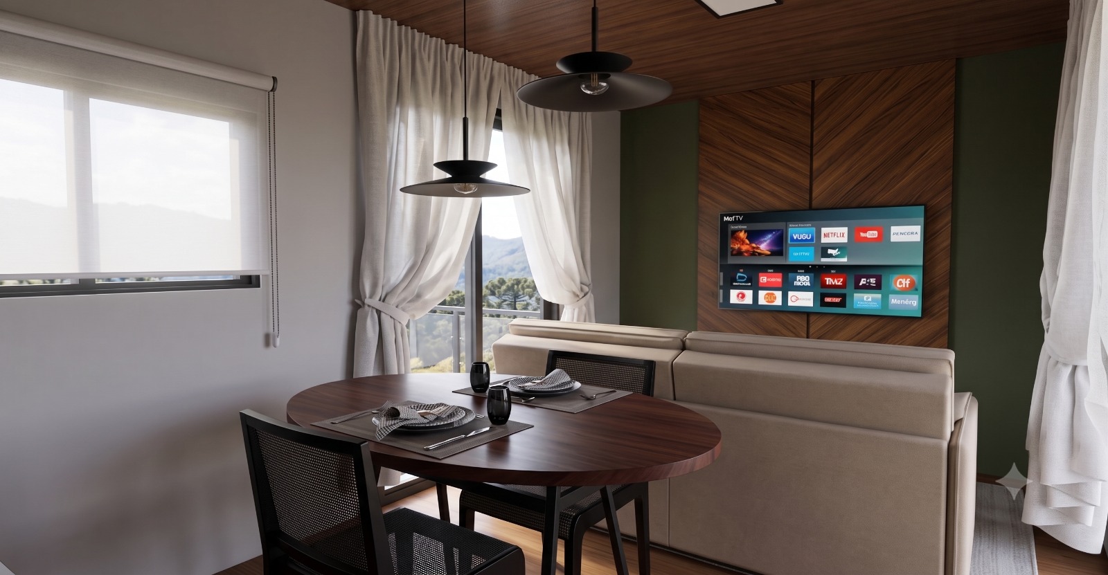 Cabana dos Lagos — sala de estar e jantar com mesa de madeira, TV e vista para as montanhas