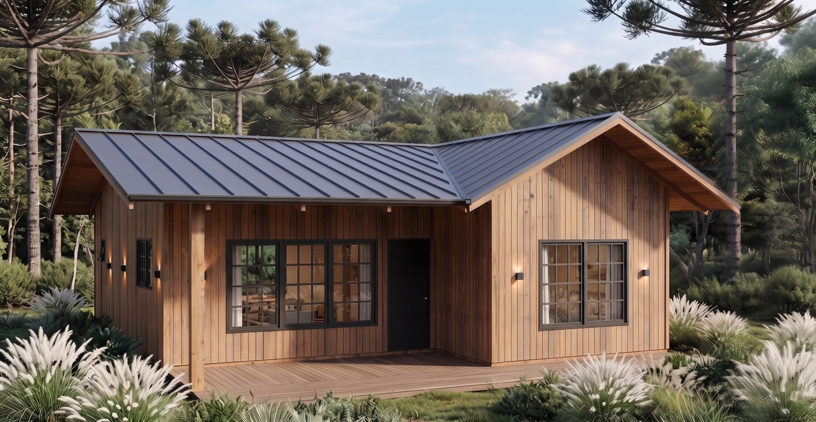 Casa da Serra — fachada em ripas de madeira com varanda em deck, esquadrias pretas quadriculadas e telhado de duas águas sob luz do dia
