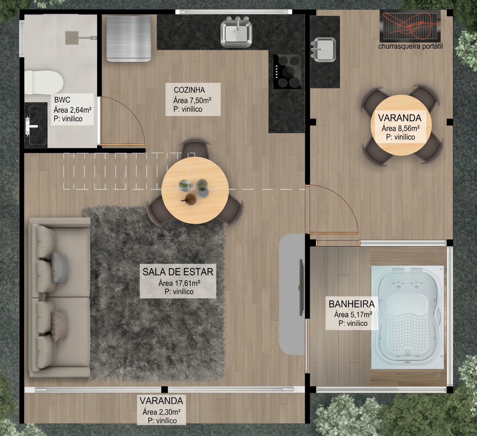 Cabana Pedra Branca — planta baixa com cozinha, sala, varanda, banheira e churrasqueira